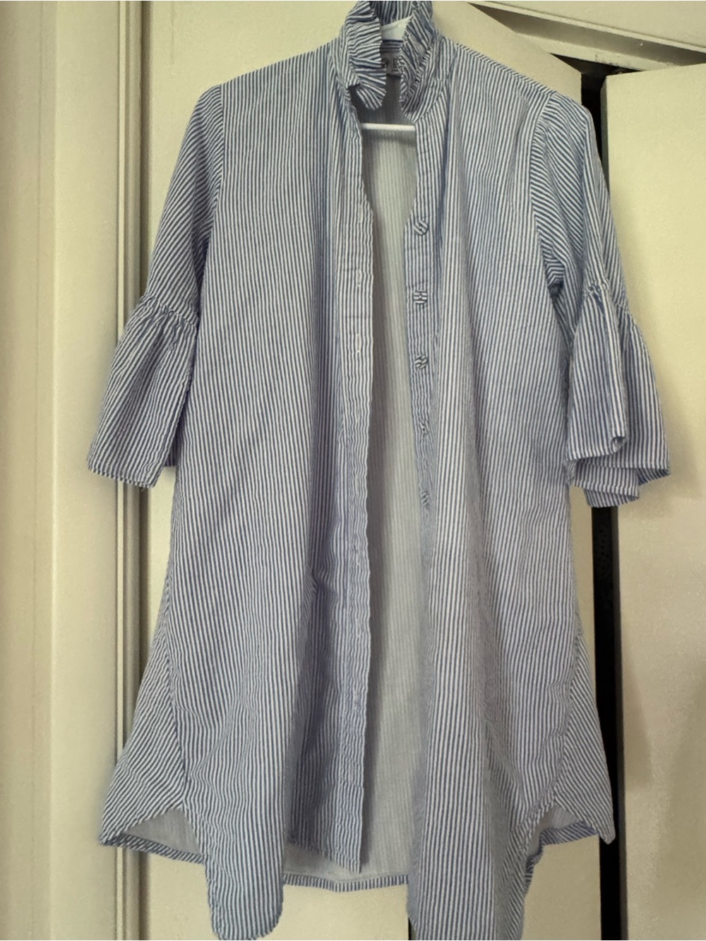 Striped Blue Midi Shirt Dress with Ruffled Stand Collar